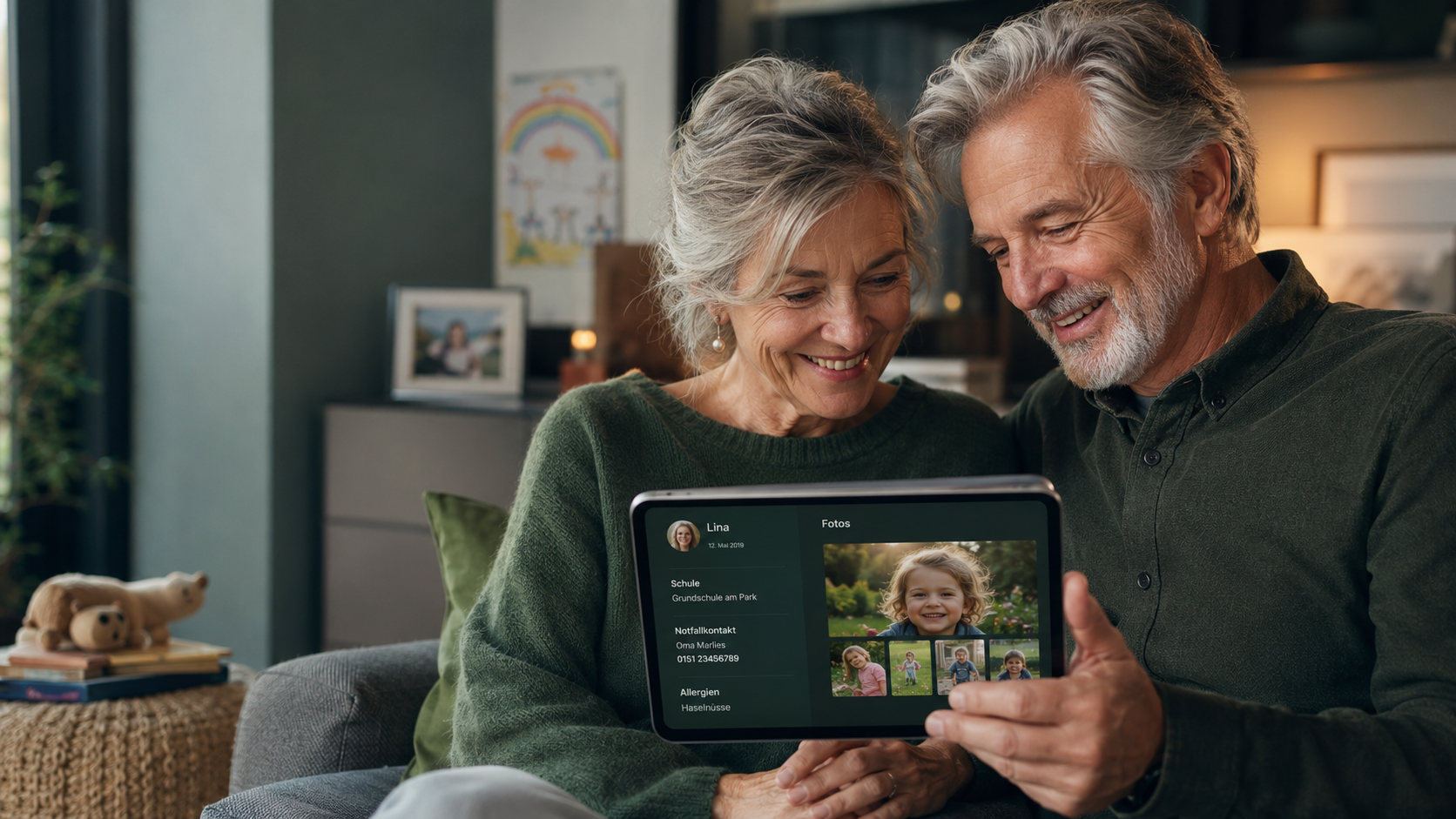 Großeltern blättern gemeinsam durch Copario auf dem Tablet